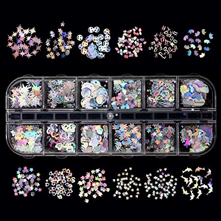 12 Grids Laser Nail Sequins Glitter Holographic Nail Flakes 3D