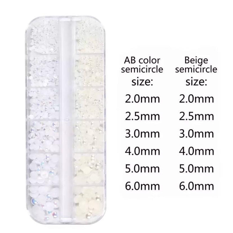 3D Nail Art Decorations Beige White Mixed Size Pearly Flat Rhinestones 12 Grids/Box