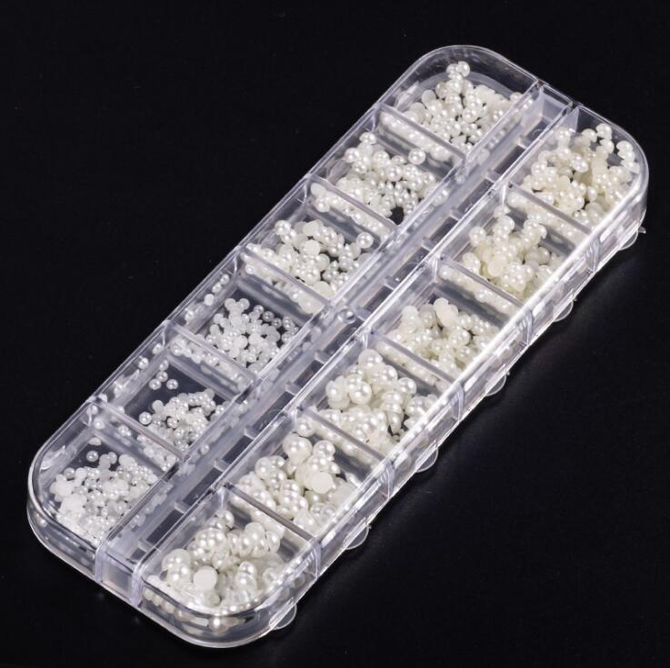 3D Nail Art Decorations Beige White Mixed Size Pearly Flat Rhinestones 12 Grids/Box