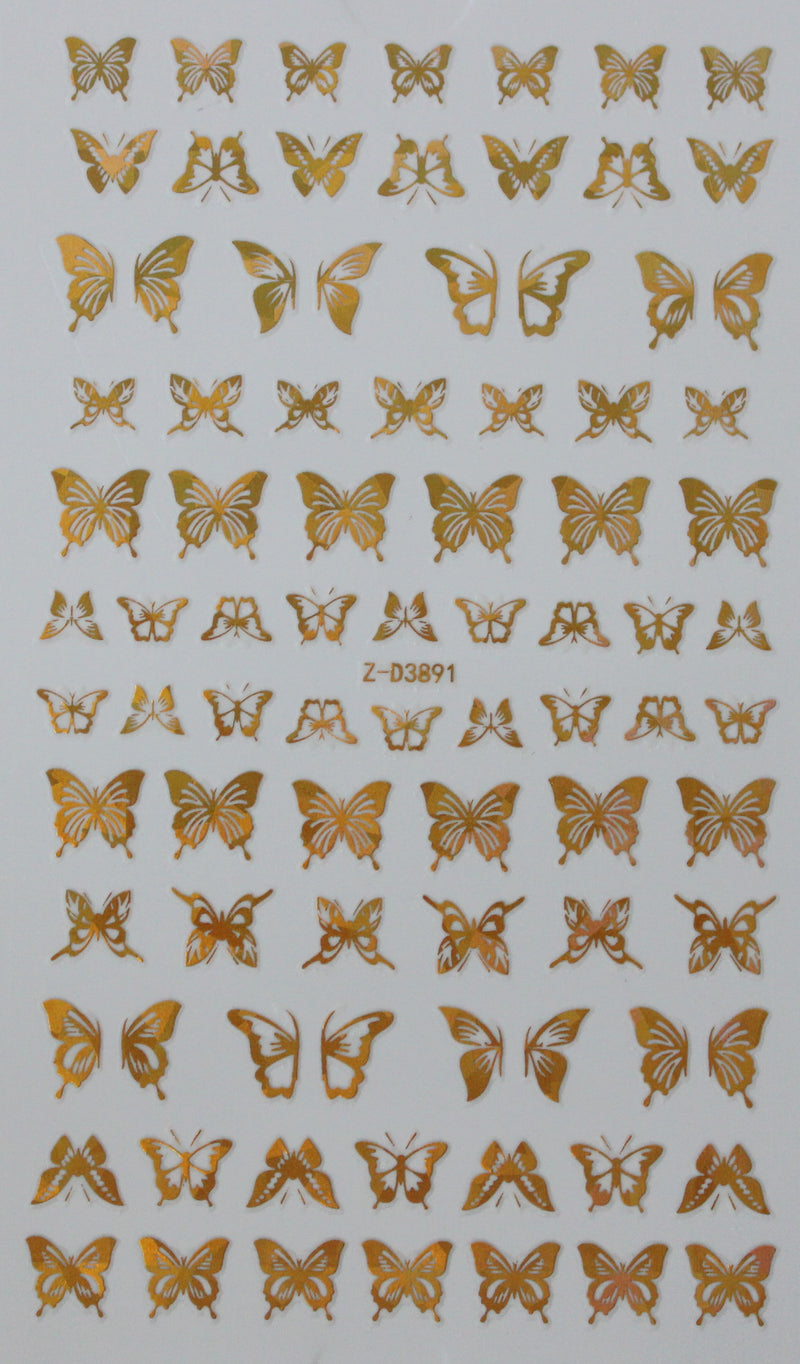 3 Gold Butterfly Laser Finger Nail Art Sticker Transfer Decals for Nail Art Decorations