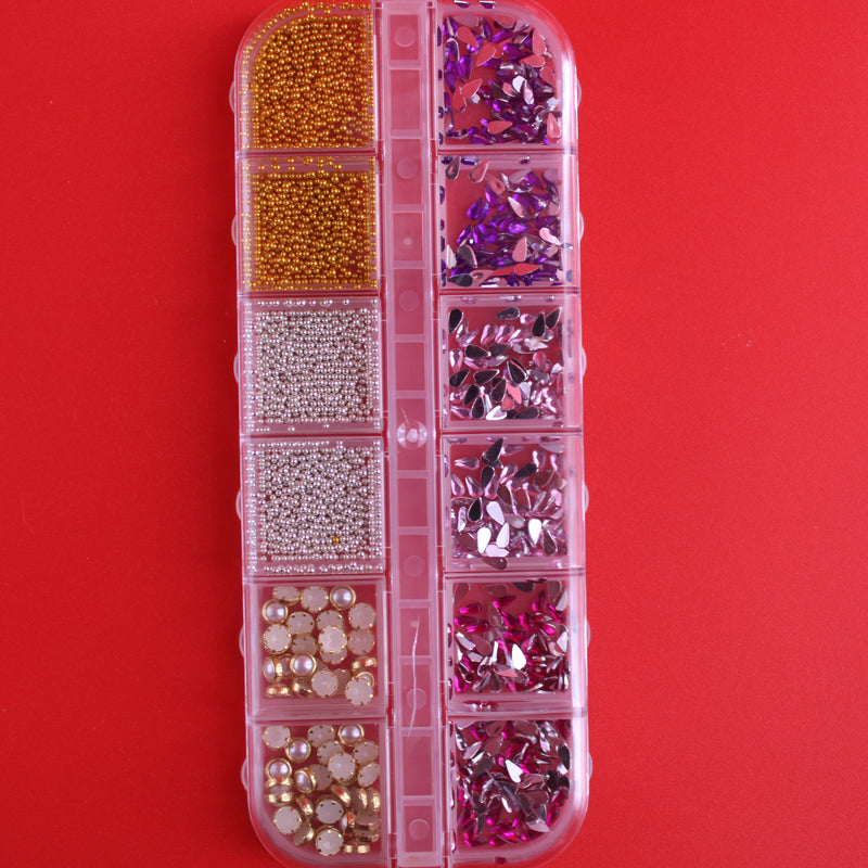 12 Grids Nail rhinestone flame Mix Tears, Gold and Plate Pellets, Pearl flat base Nail 3D