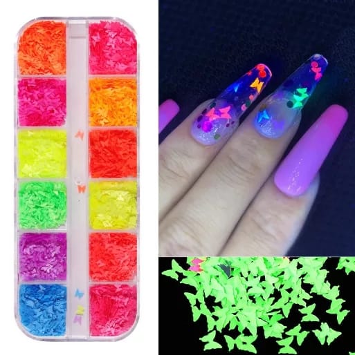 12 Grids Laser Nail Sequins Glitter Colorful  Fluorescence Nail Flakes 3D